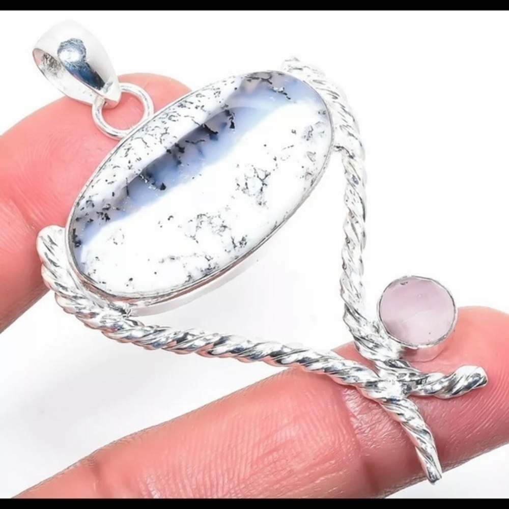 Dendrite opal & rose quartz artisan pendant